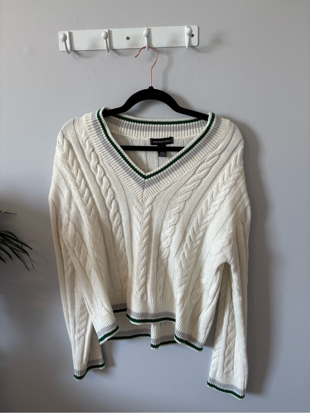 Streetwear Society Cream Cable-Knit V-Neck Sweater with Green Trim